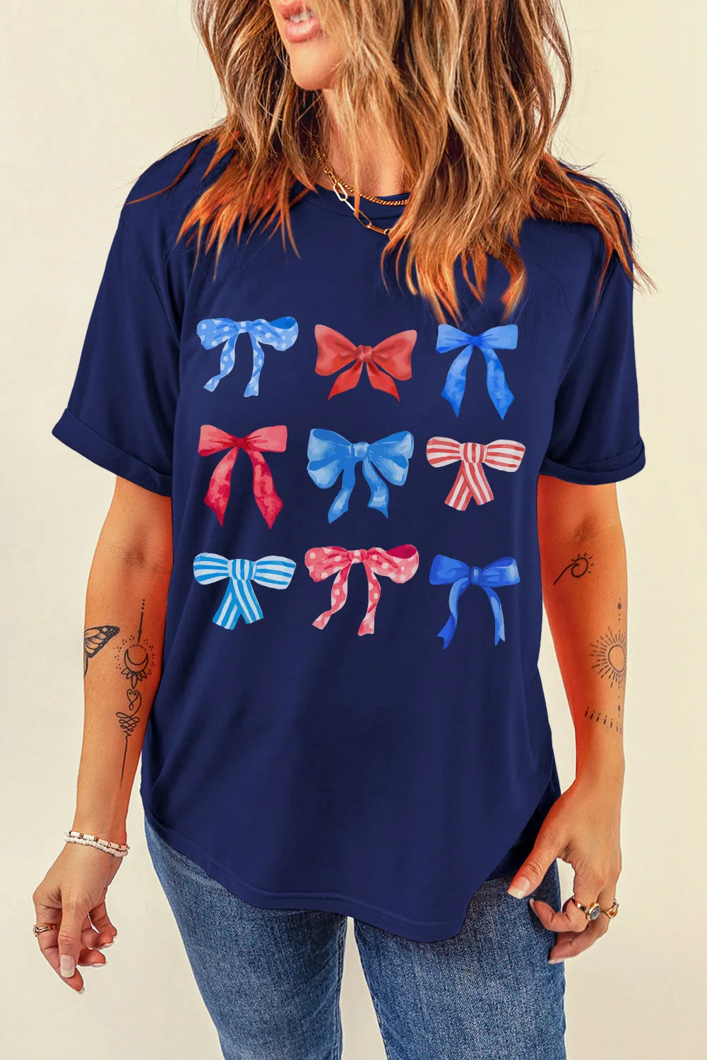 Blue Bow-Knot Print American Pride Graphic Tee