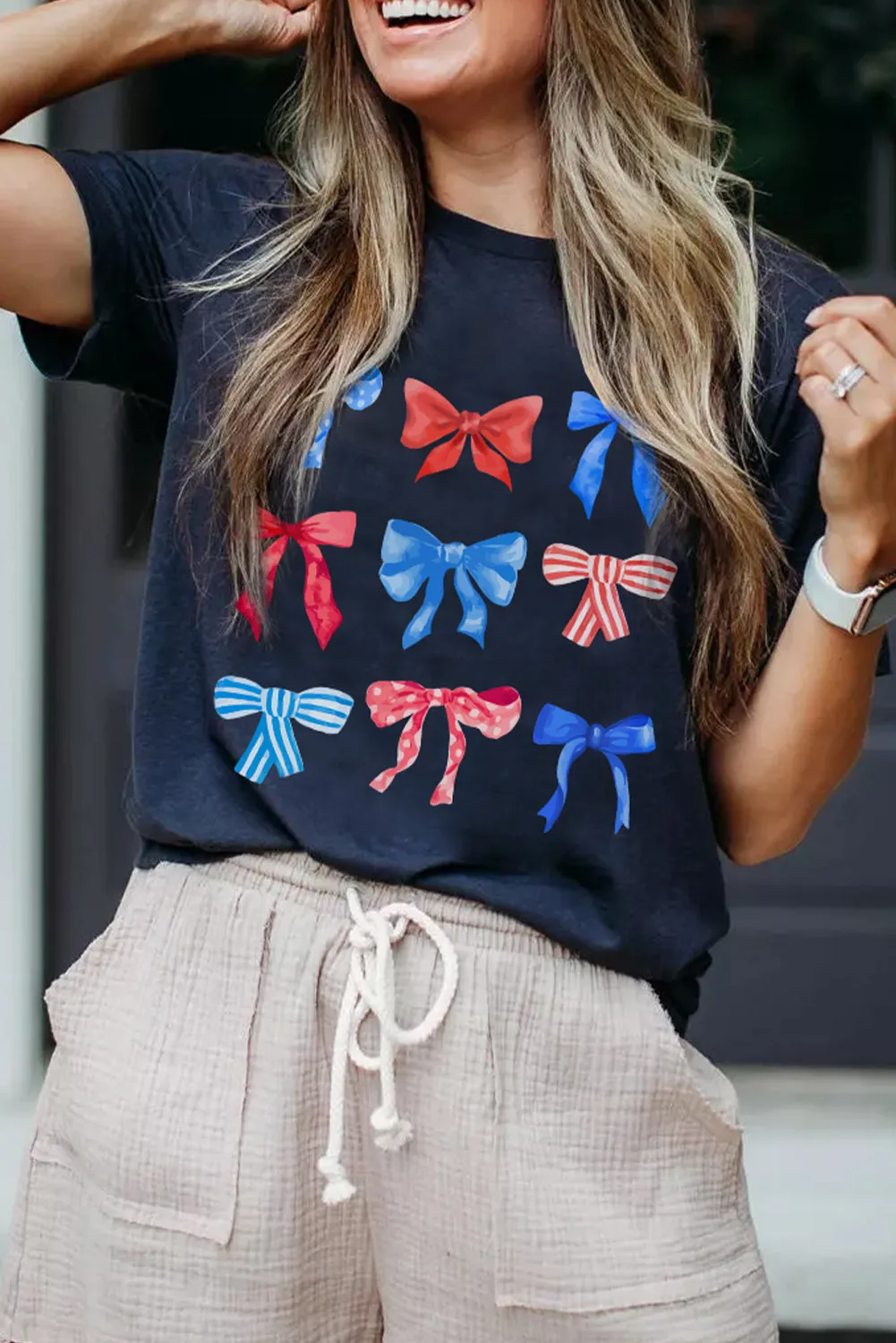 Blue Bow-Knot Print American Pride Graphic Tee