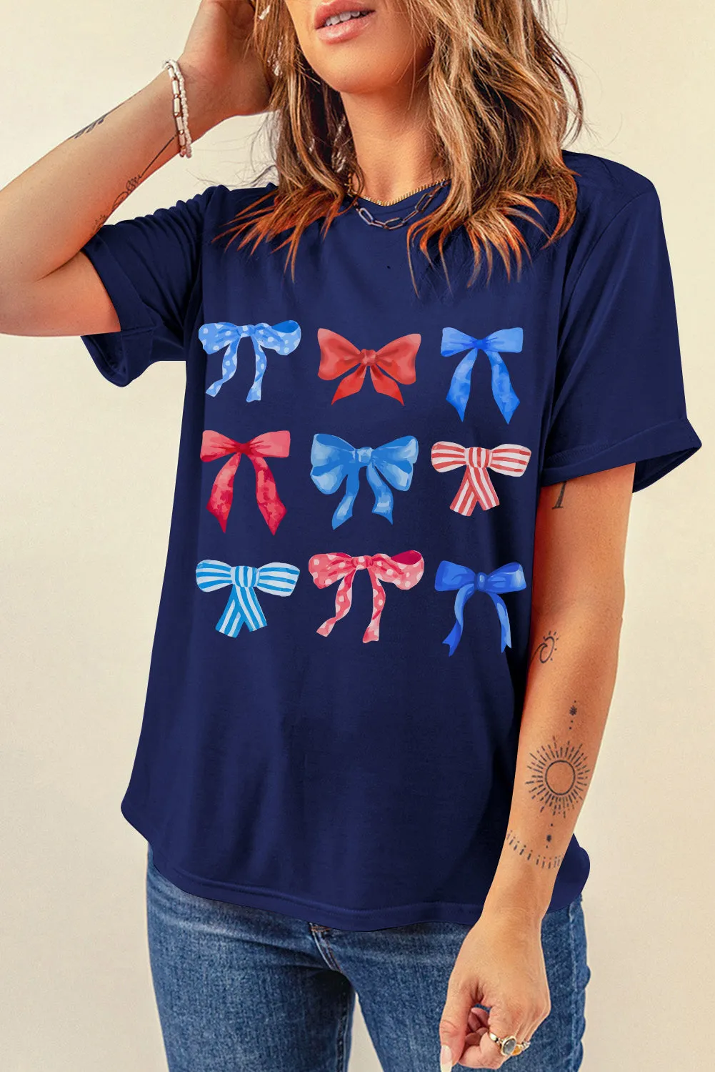 Blue Bow-Knot Print American Pride Graphic Tee