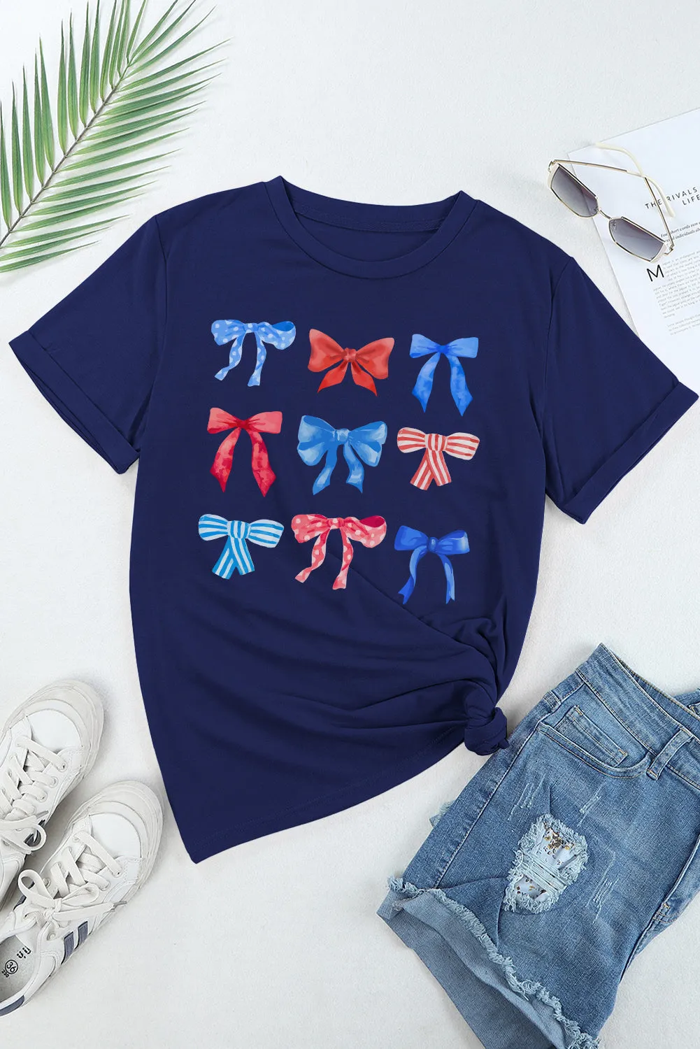 Blue Bow-Knot Print American Pride Graphic Tee