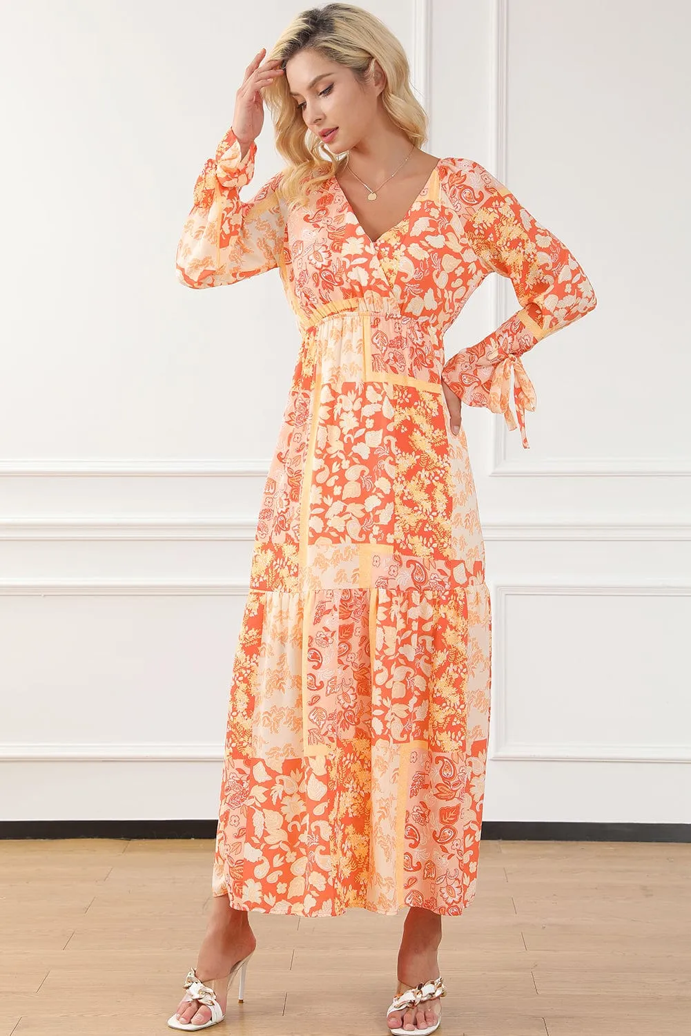 Bohemian Orange Floral Wrap Maxi Dress with V-Neck and Tie Sleeves