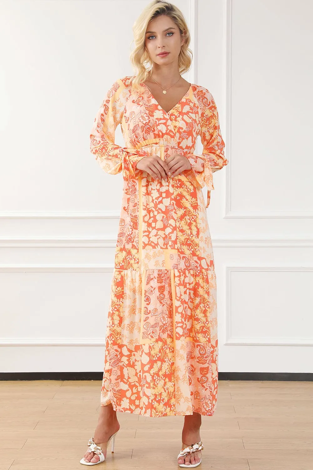 Bohemian Orange Floral Wrap Maxi Dress with V-Neck and Tie Sleeves