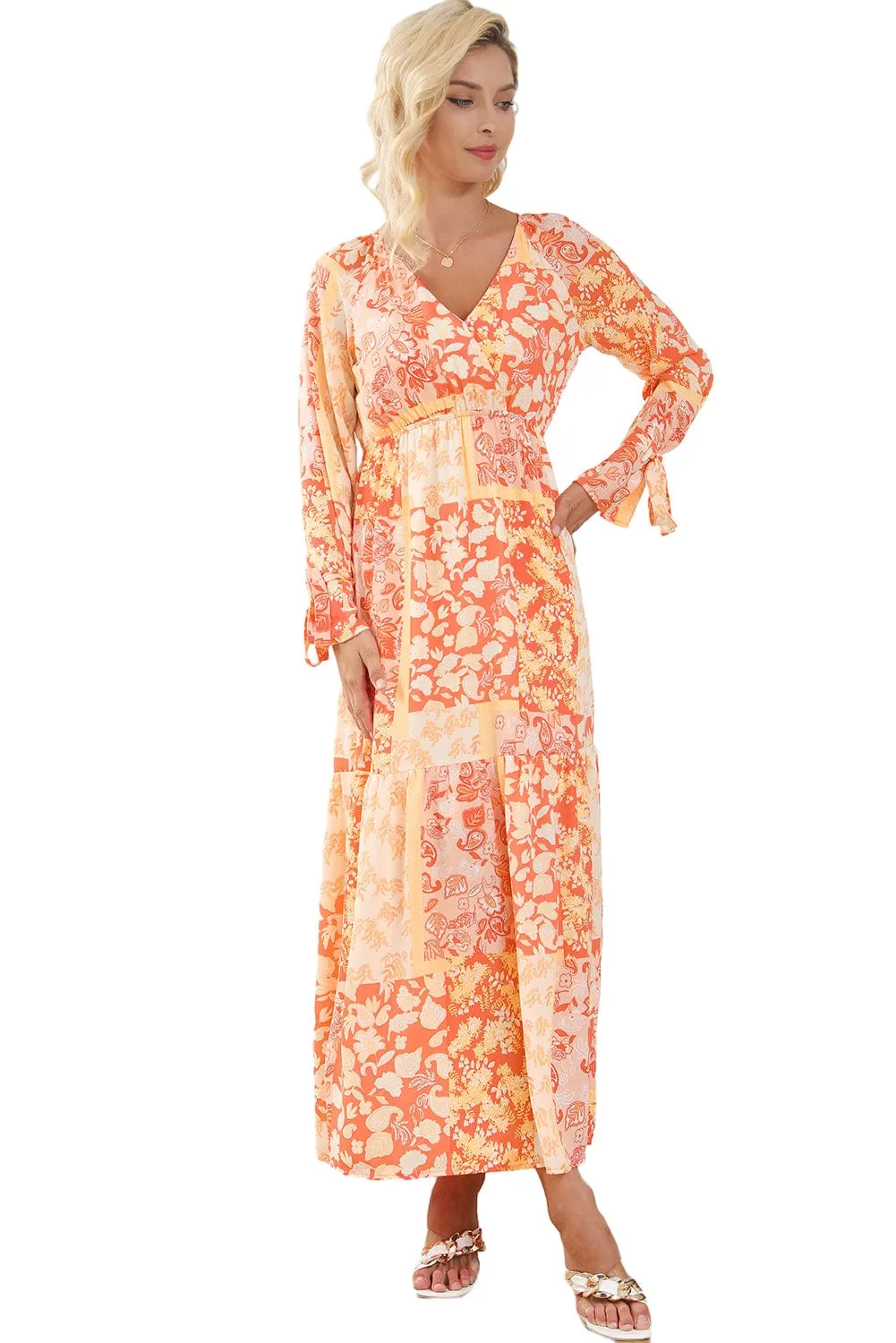 Bohemian Orange Floral Wrap Maxi Dress with V-Neck and Tie Sleeves