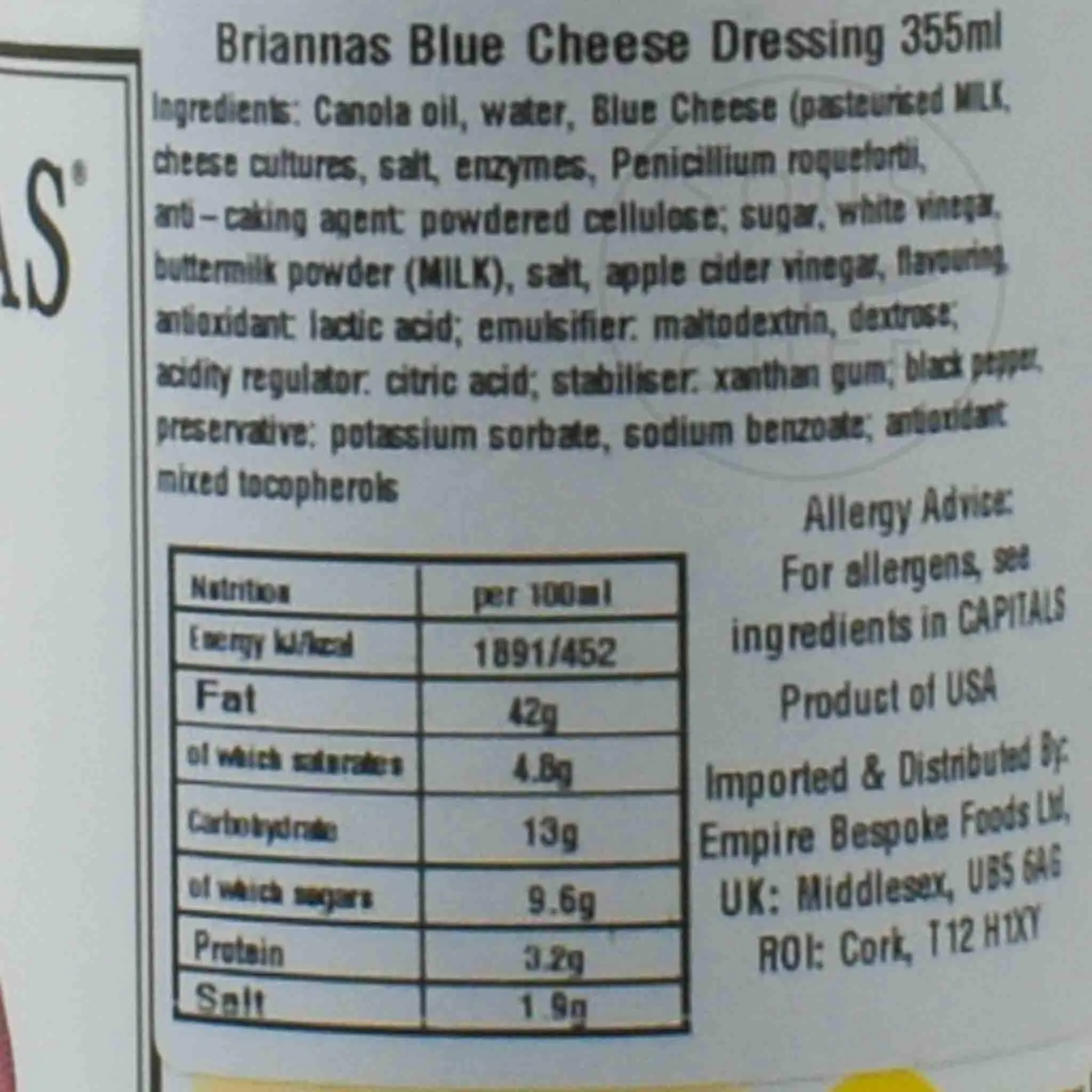 Briannas Blue Cheese Dressing, 355ml