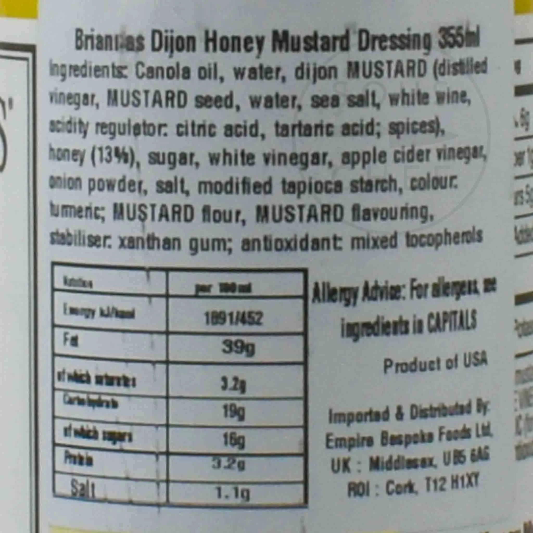 Briannas Dijon Honey Mustard Dressing, 355ml