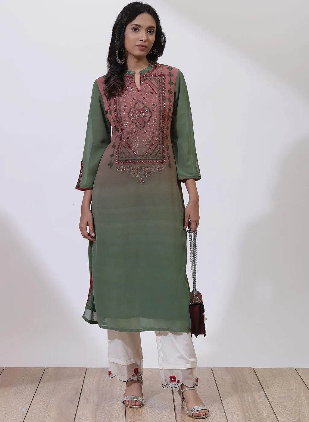 Brick Dust Dual Tone Collection Kurta With Embroidery