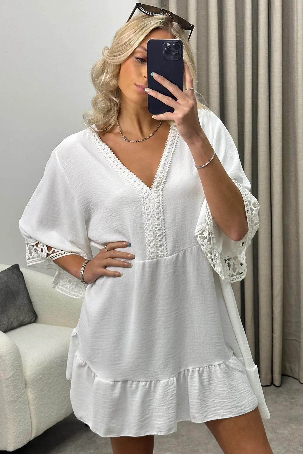 Briella White V Neck Crochet Trim Tiered Frill Smock Dress