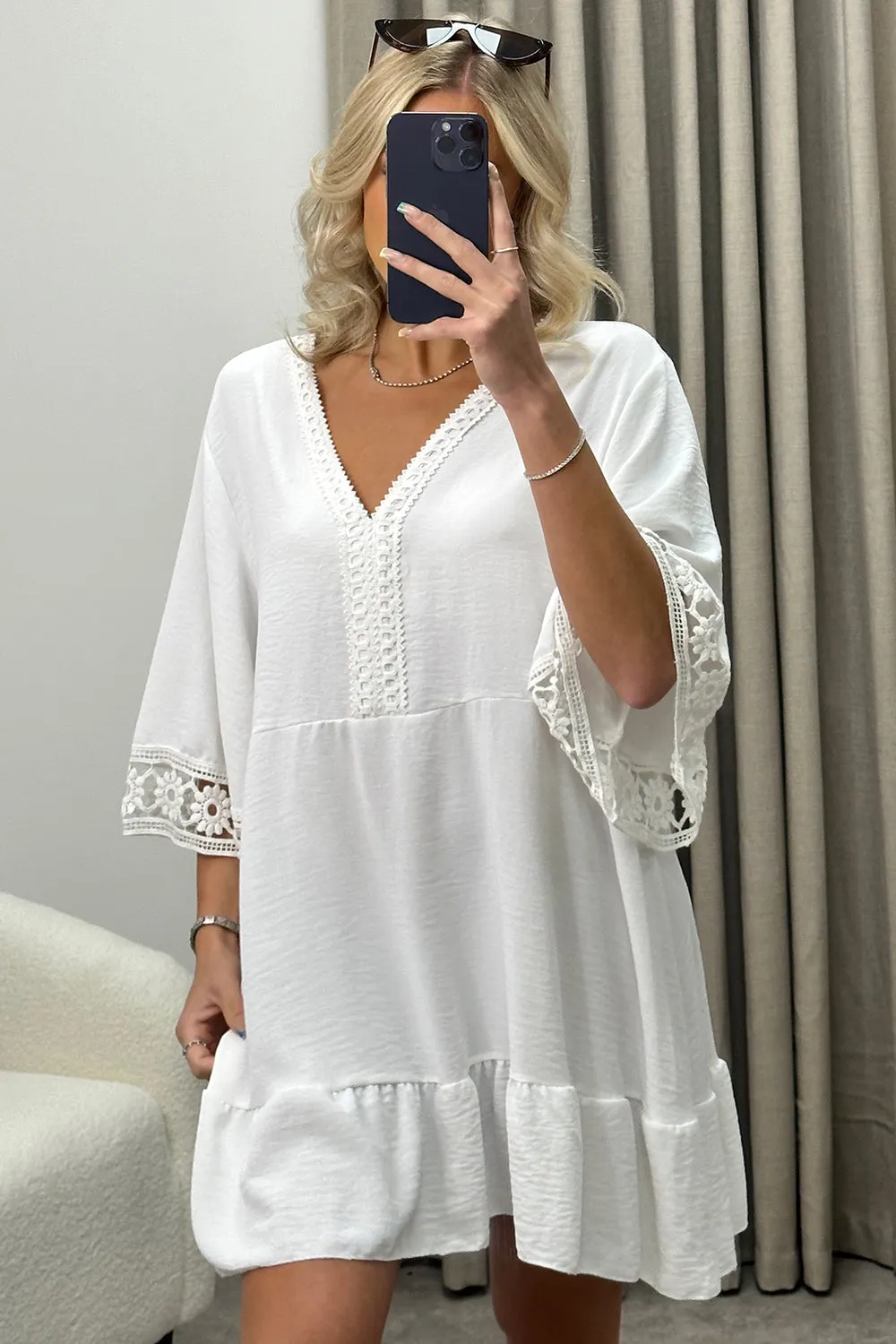 Briella White V Neck Crochet Trim Tiered Frill Smock Dress