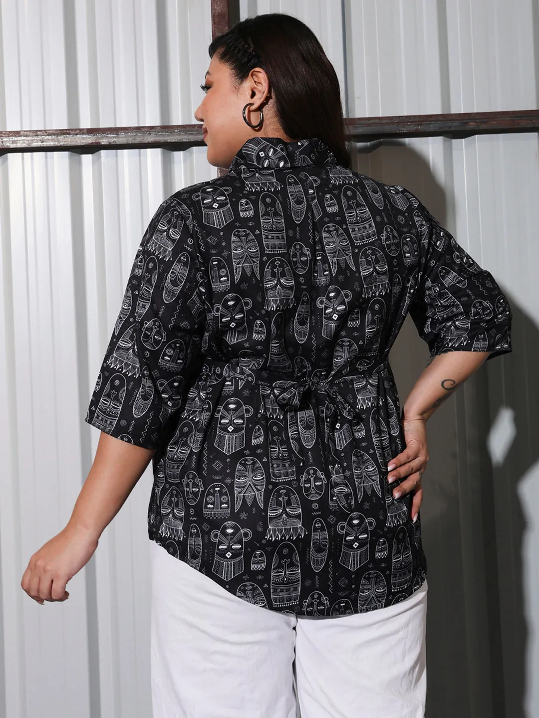 CARA - BLACK ETHNIC MOTIF PRINTED SHIRT STYLE PLUS TOP