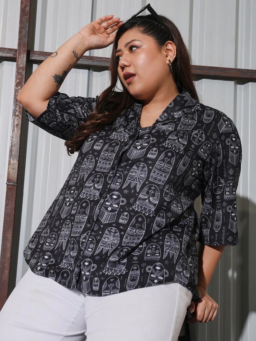 CARA - BLACK ETHNIC MOTIF PRINTED SHIRT STYLE PLUS TOP