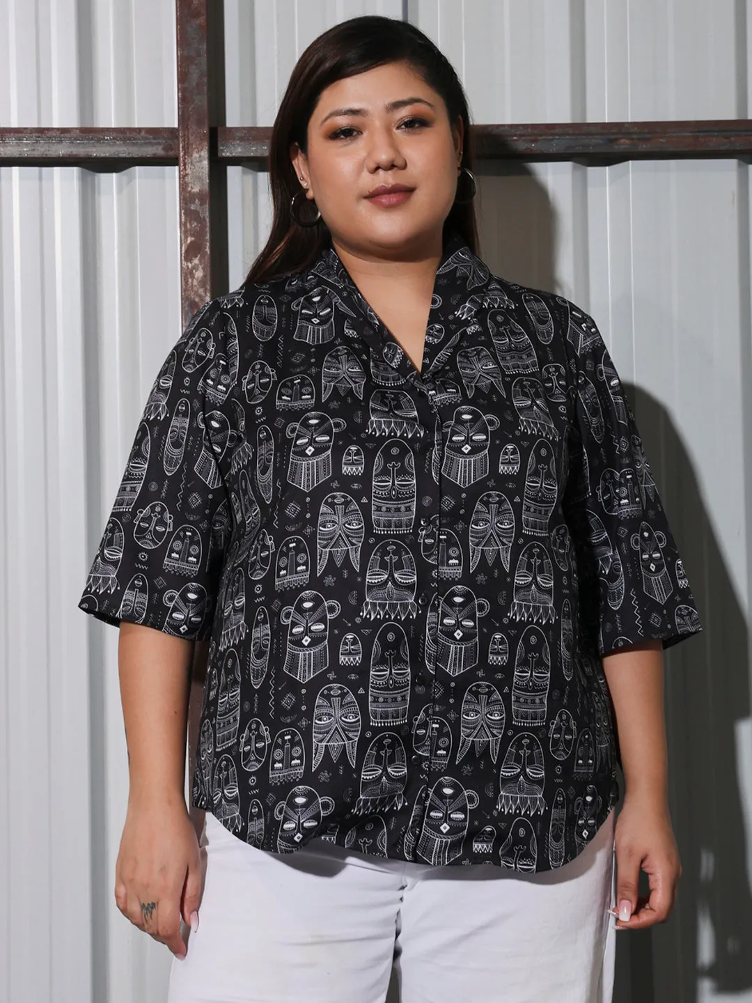 CARA - BLACK ETHNIC MOTIF PRINTED SHIRT STYLE PLUS TOP