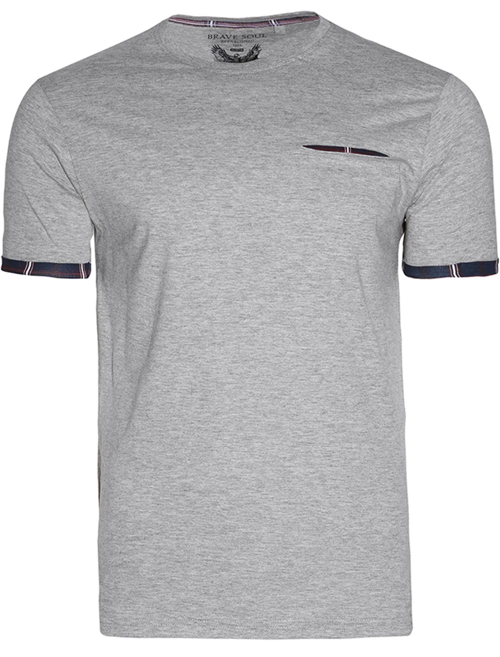 Chant Crew Neck T-shirt With Checked Print Pocket in Grey Marl