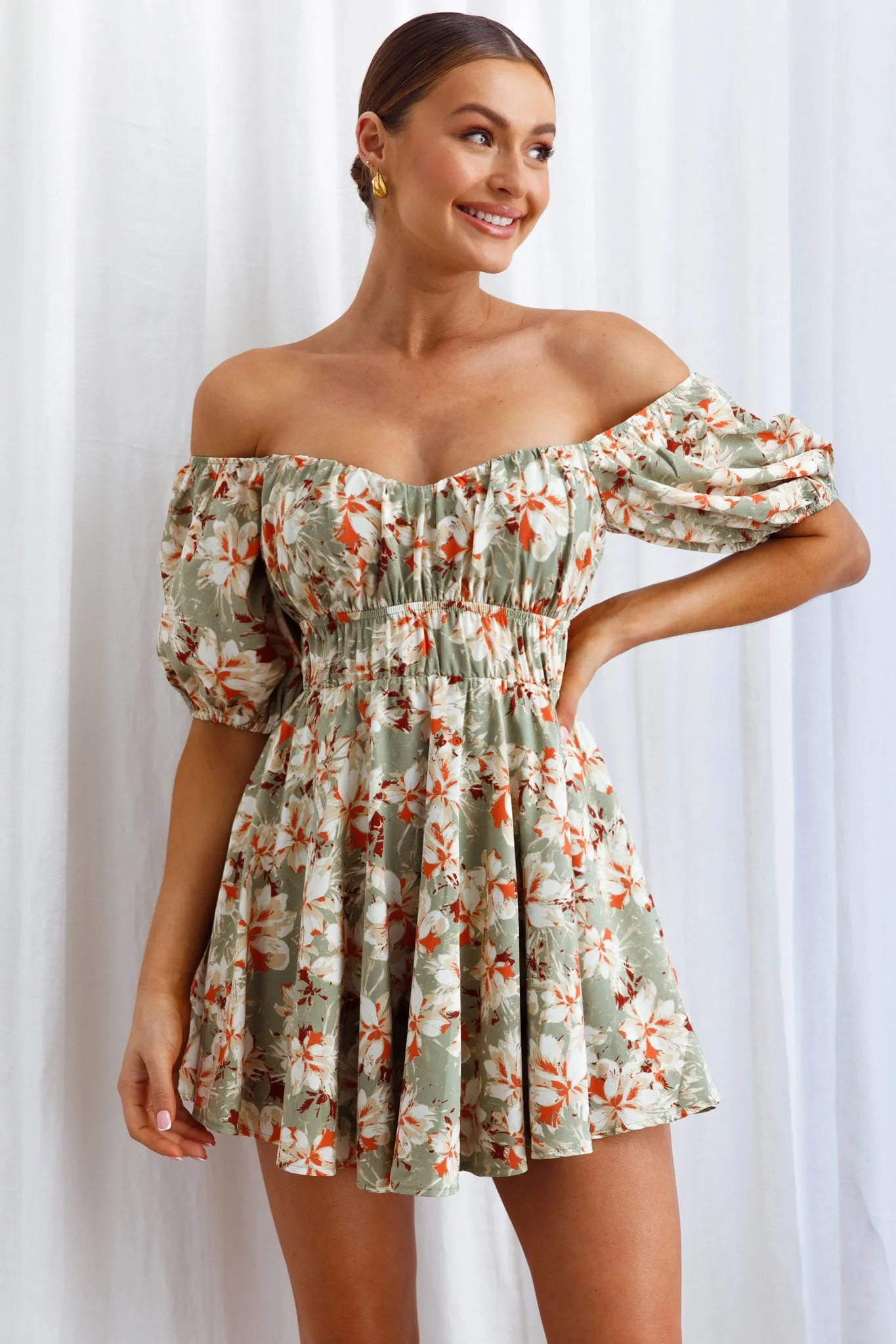 Chasing Sunsets Off-Shoulder Mini Dress Floral Green