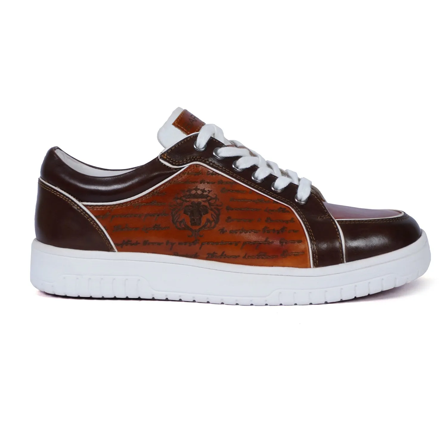 Contrasting Laser Engraved Dark Brown Edge Sneaker in Tan Genuine Leather