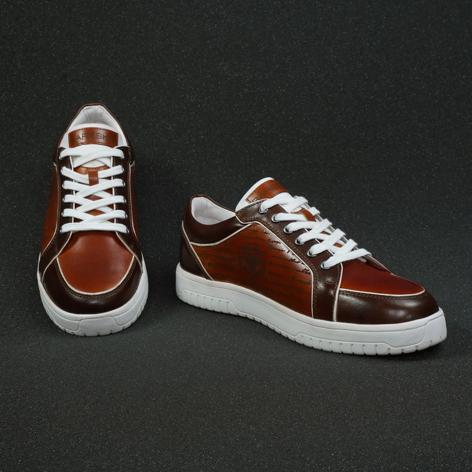 Contrasting Laser Engraved Dark Brown Edge Sneaker in Tan Genuine Leather