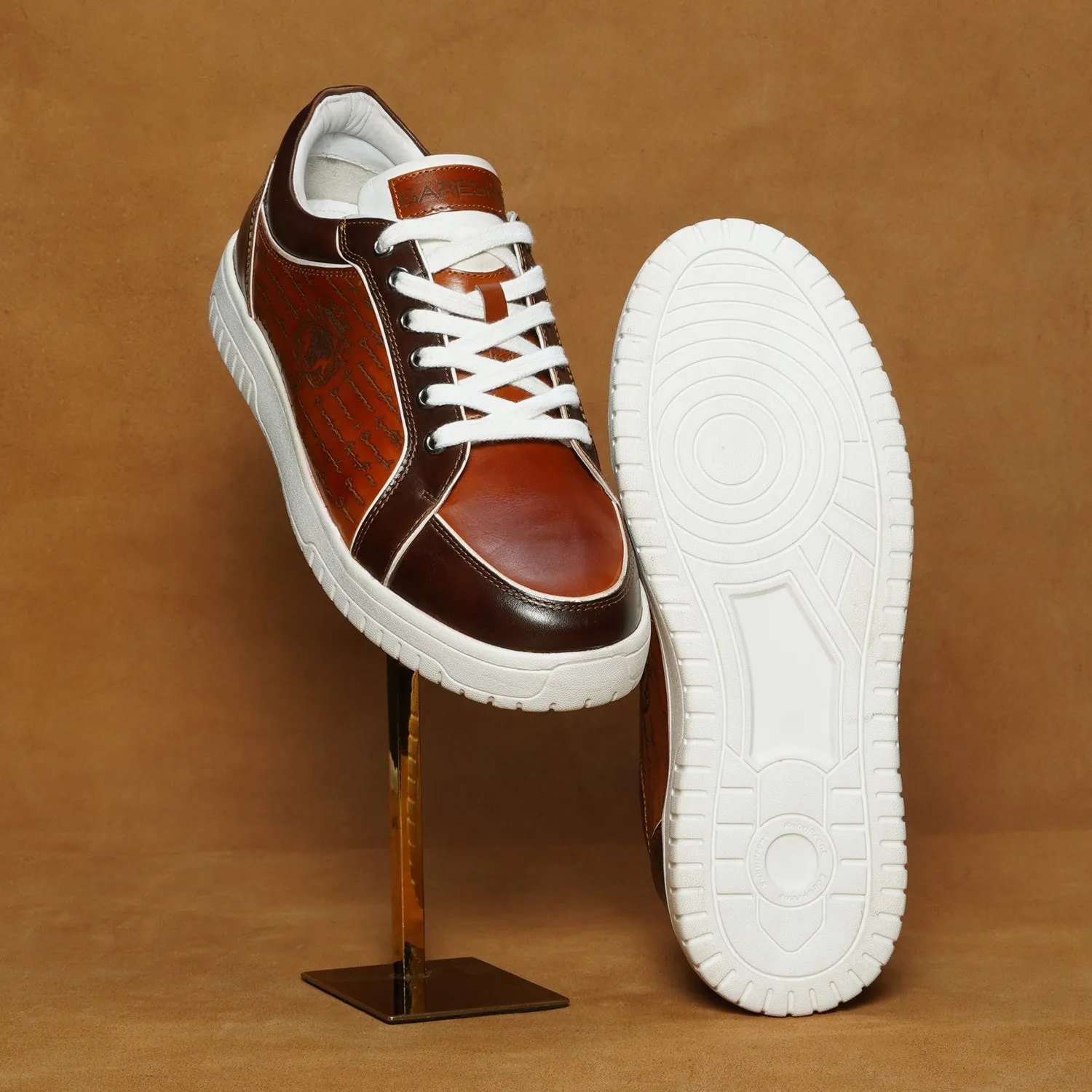 Contrasting Laser Engraved Dark Brown Edge Sneaker in Tan Genuine Leather