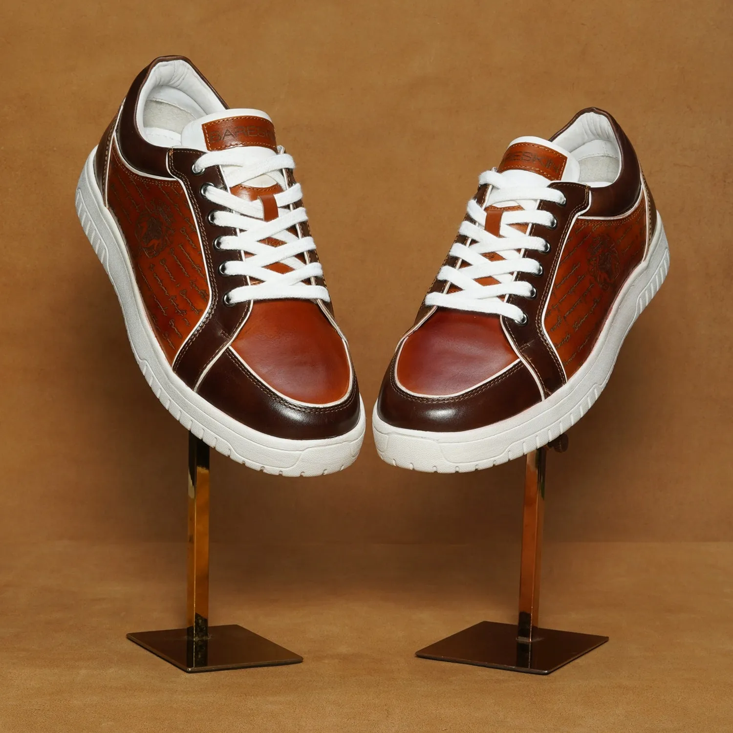 Contrasting Laser Engraved Dark Brown Edge Sneaker in Tan Genuine Leather