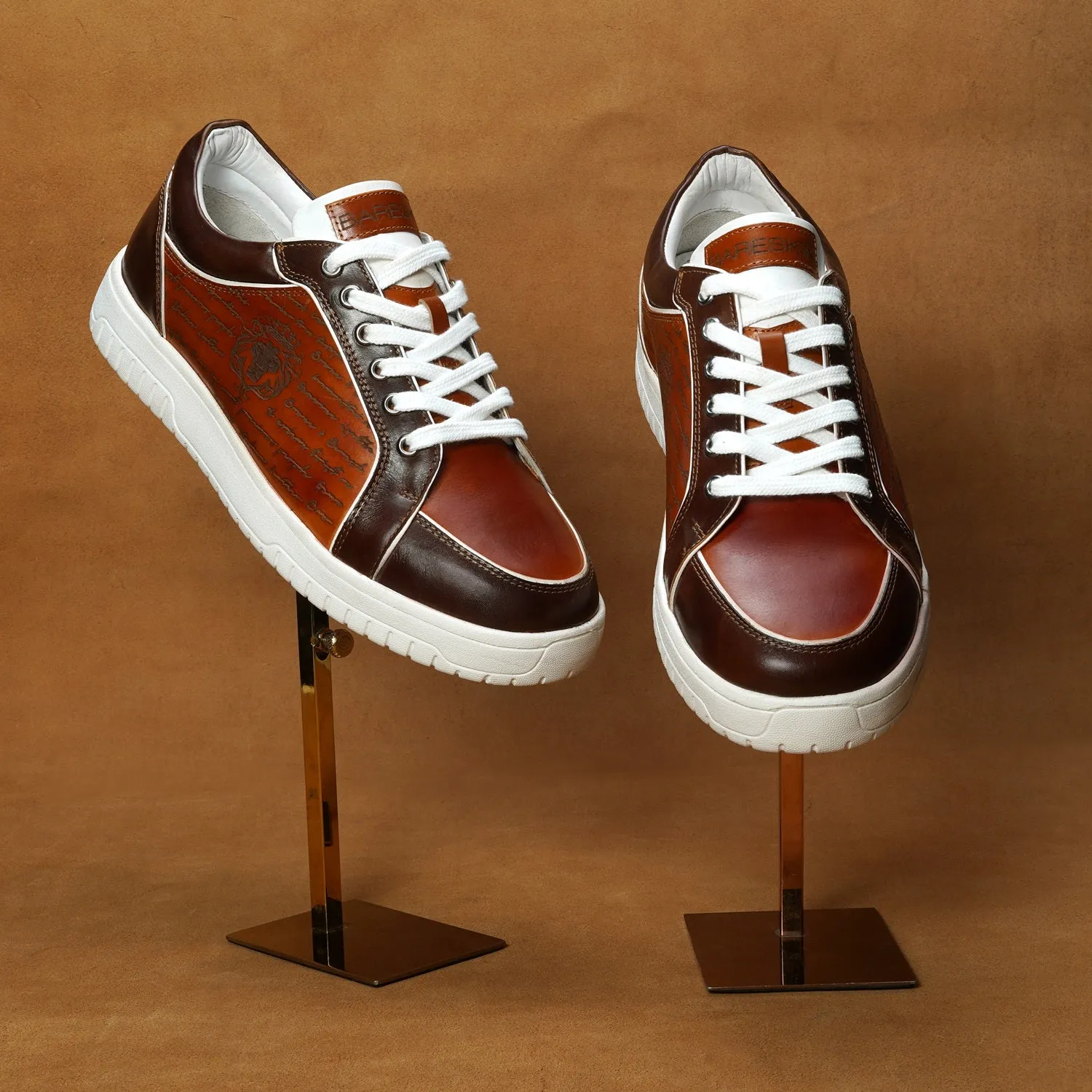 Contrasting Laser Engraved Dark Brown Edge Sneaker in Tan Genuine Leather