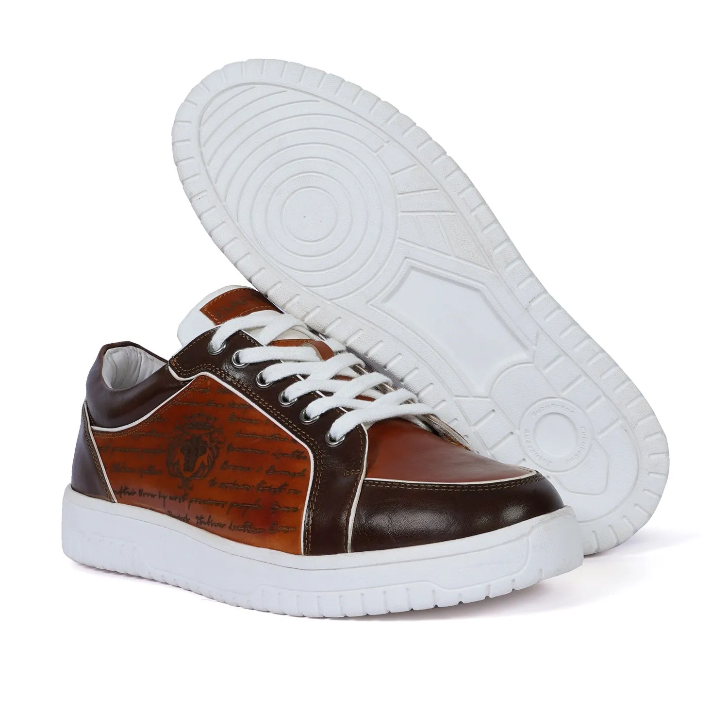 Contrasting Laser Engraved Dark Brown Edge Sneaker in Tan Genuine Leather