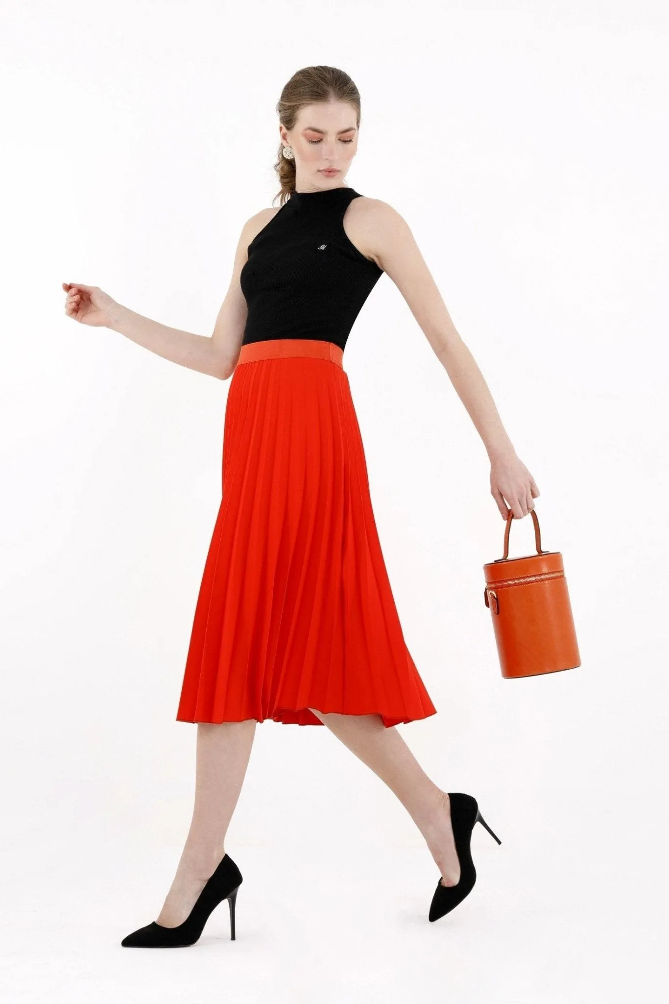 Coral Pleated Skirt High Waist Elastic Waist Band Midi Skirt