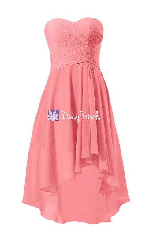 Coral Strapless Party Dress Sweetheart Chiffon Dress High Low Bridesmaid Dress (BM2431)