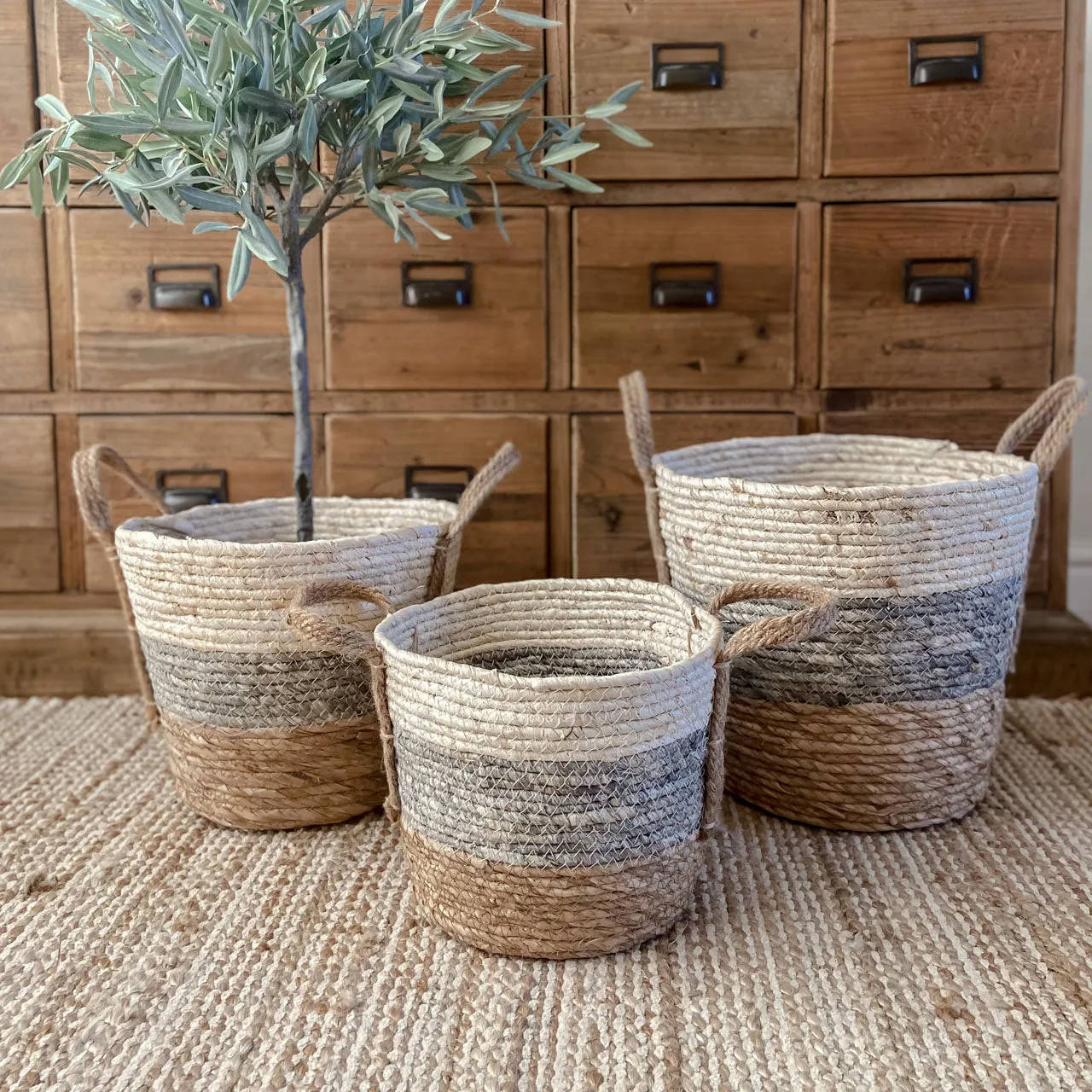 Cream, Grey & Neutral Jute Basket with Handles (3 sizes)