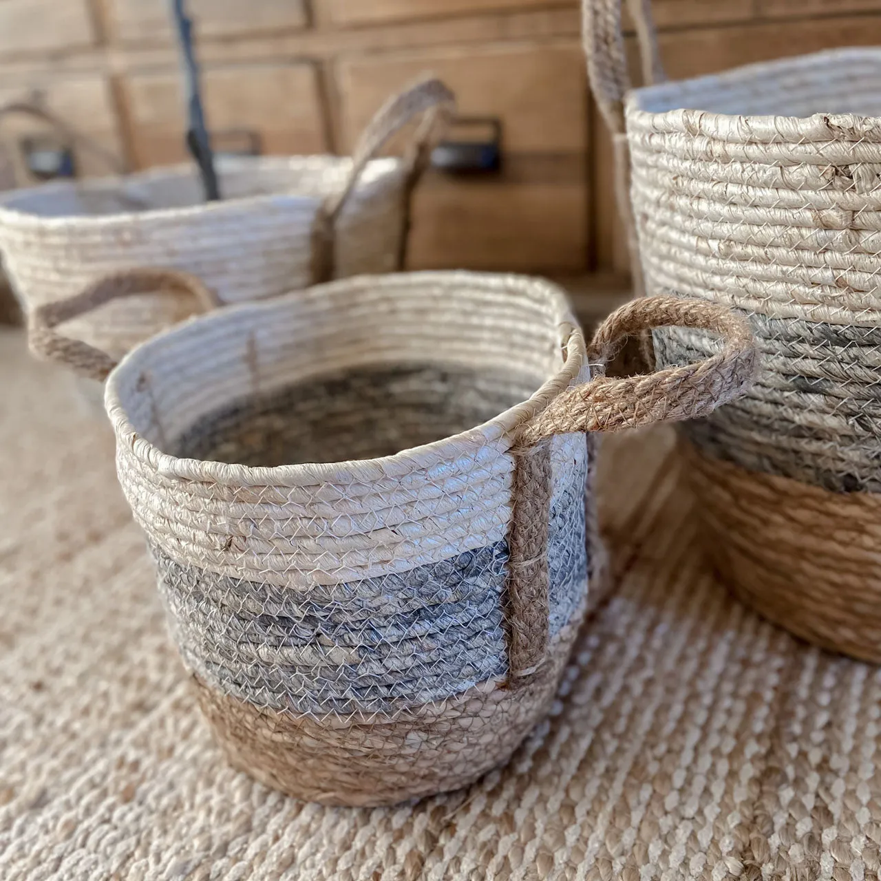 Cream, Grey & Neutral Jute Basket with Handles (3 sizes)