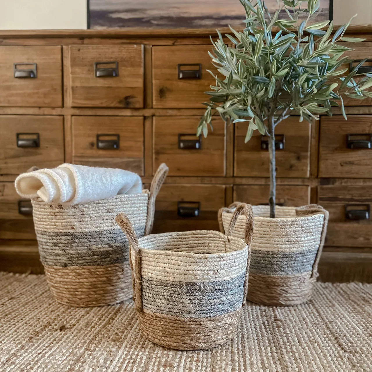 Cream, Grey & Neutral Jute Basket with Handles (3 sizes)