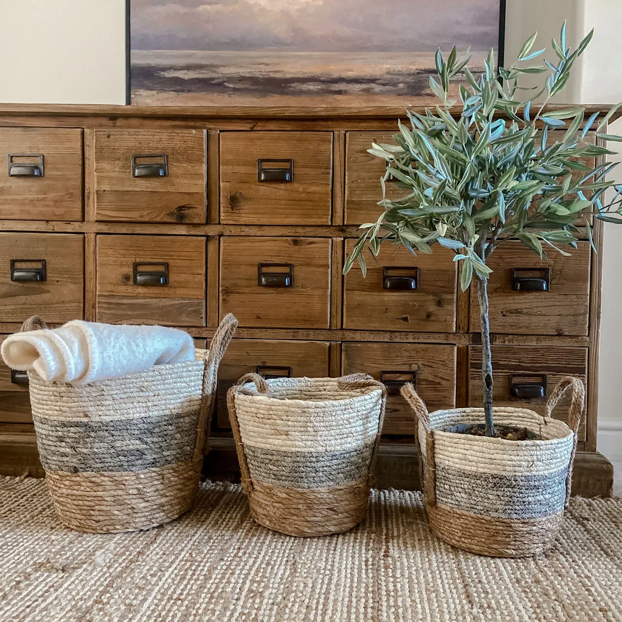 Cream, Grey & Neutral Jute Basket with Handles (3 sizes)