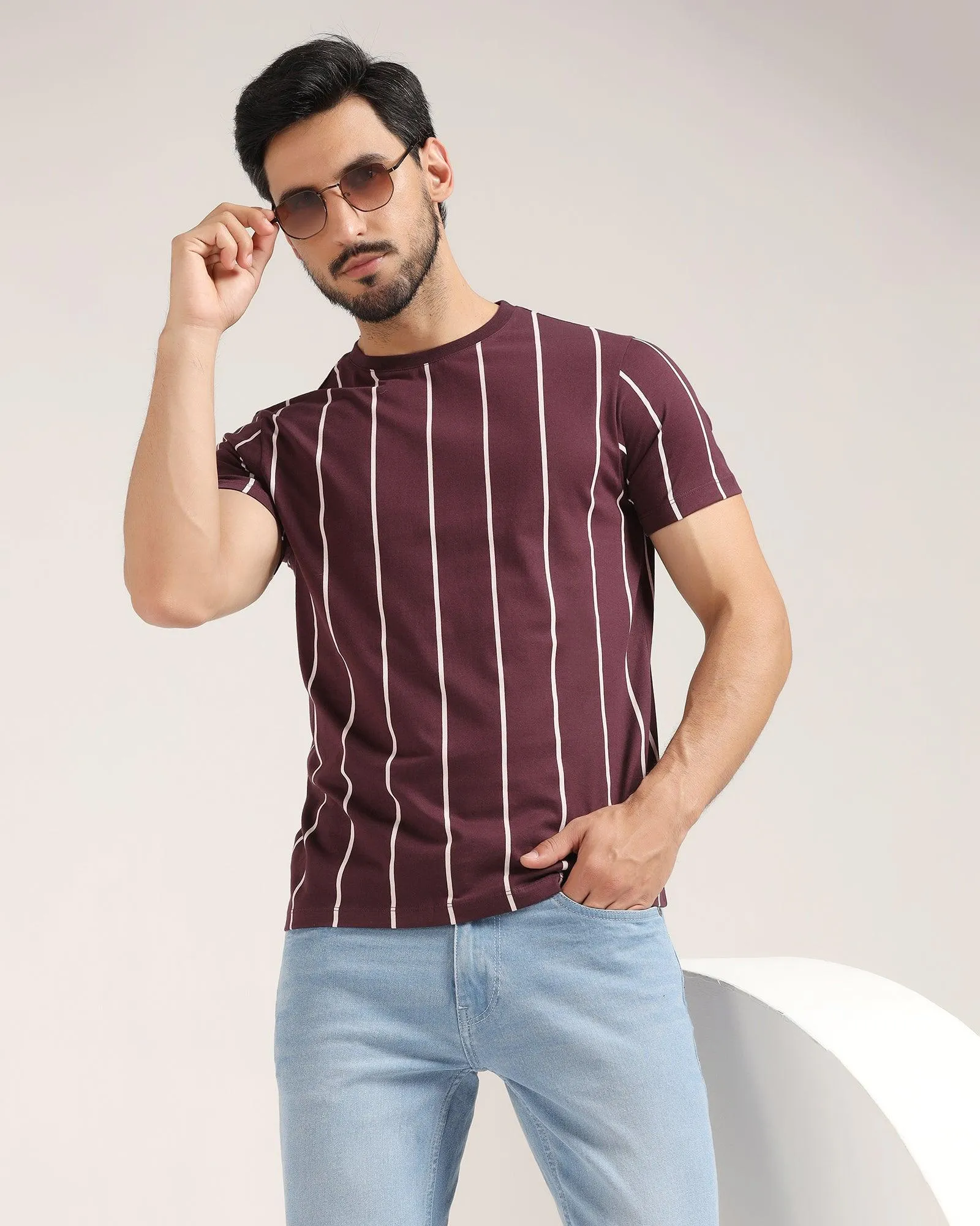 Crew Neck Wine Stripe T-Shirt - Ginger