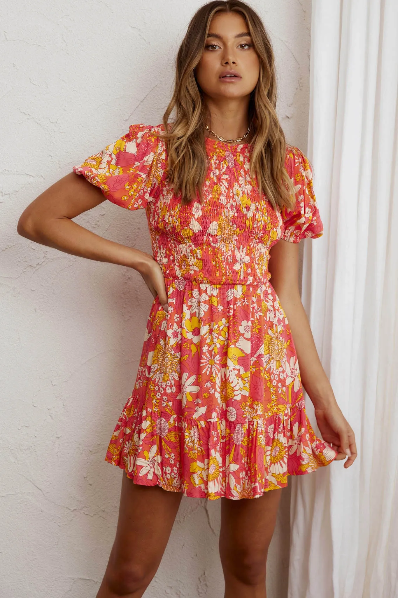 Crystal Shores Shirred Bust Mini Dress Floral Orange