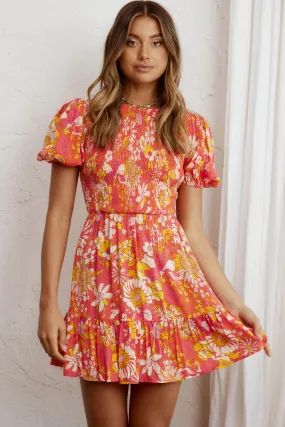 Crystal Shores Shirred Bust Mini Dress Floral Orange