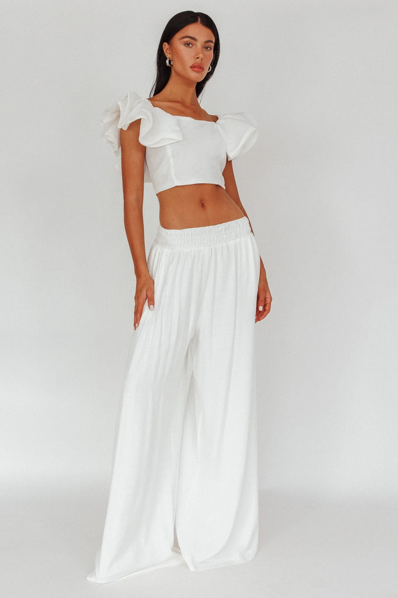 Darna Shirred Waist Wide Leg Pants Off White