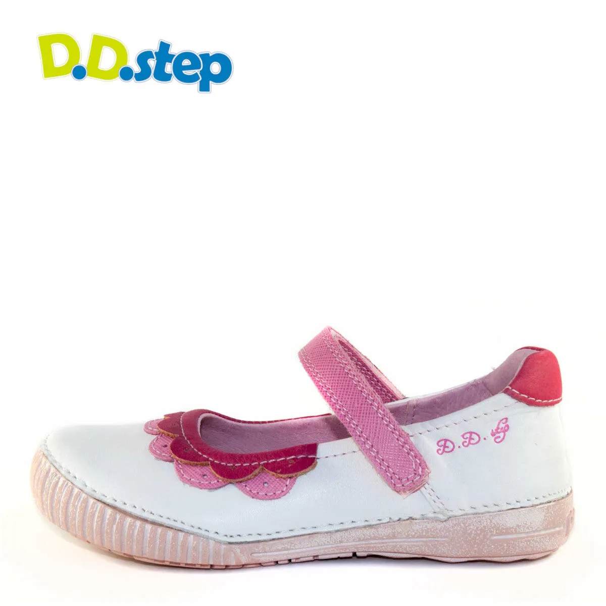 D.D. Step little kid single strap girl sandals/dress shoes white with pink decor size US 8.5-12