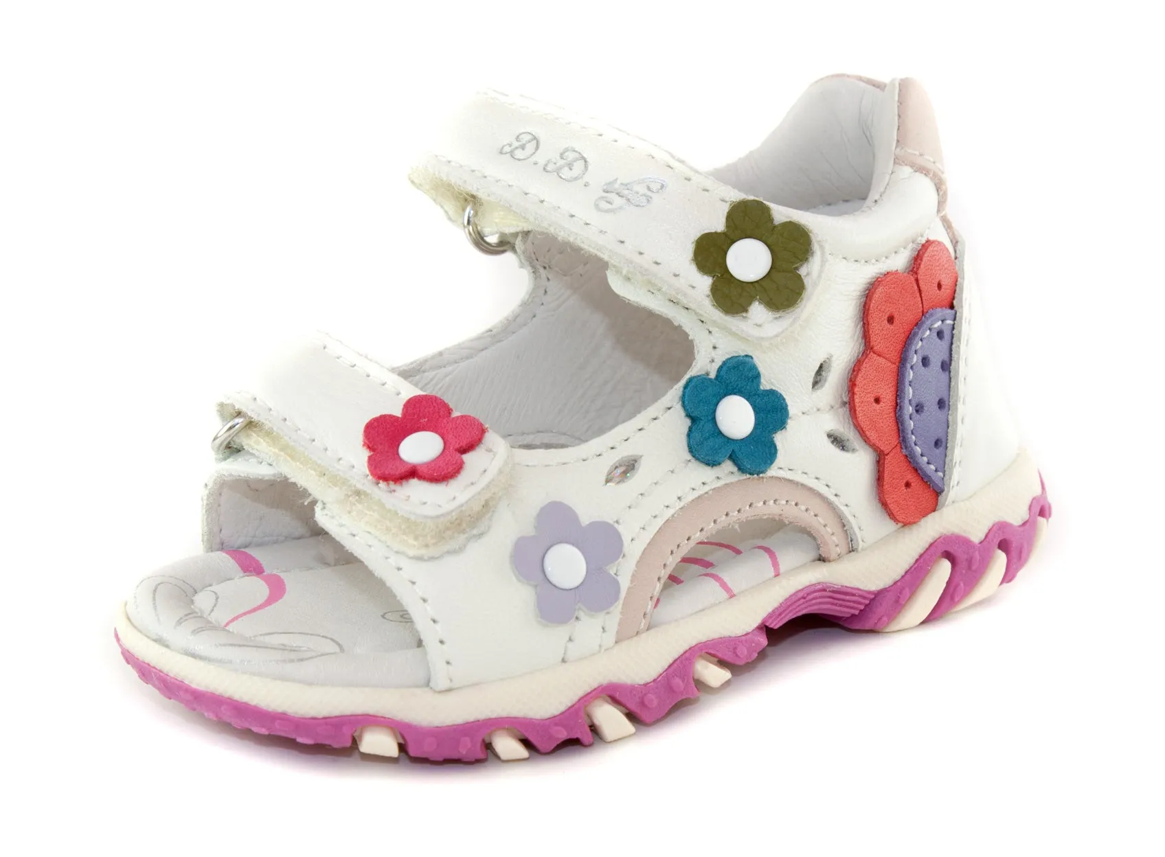 D.D. Step toddler girl sandals white with colourful flowers size US 4-8