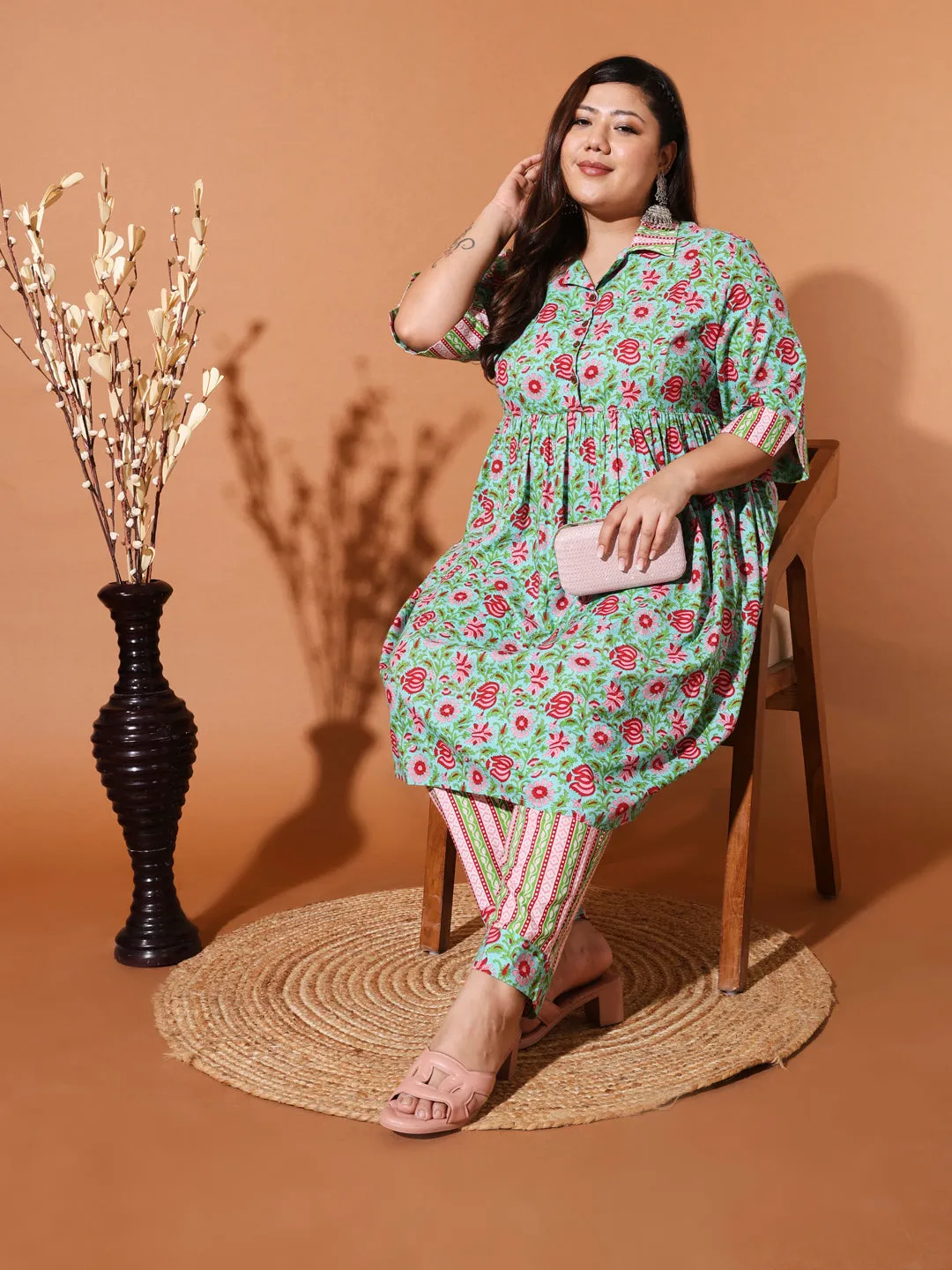 DEY - GREEN FLORAL PRINTED KURTA PLUS CO-ORDS SET