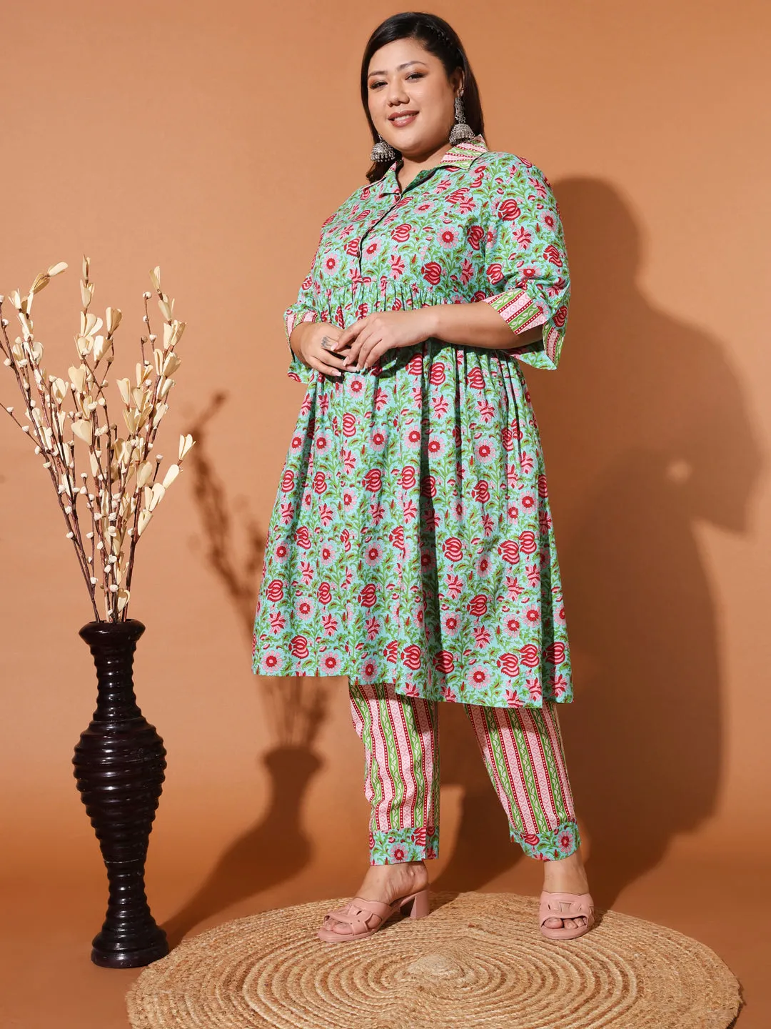 DEY - GREEN FLORAL PRINTED KURTA PLUS CO-ORDS SET