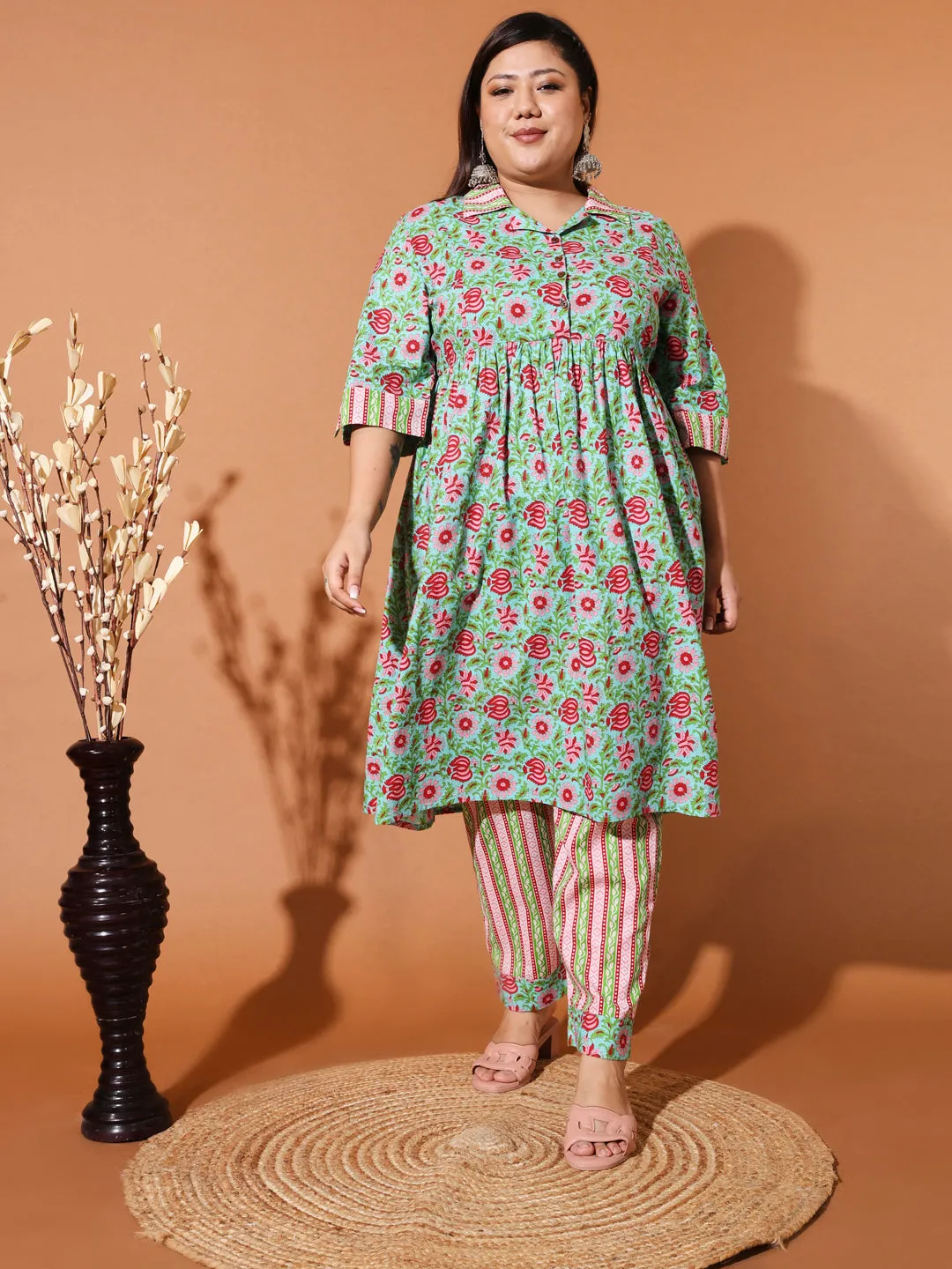 DEY - GREEN FLORAL PRINTED KURTA PLUS CO-ORDS SET