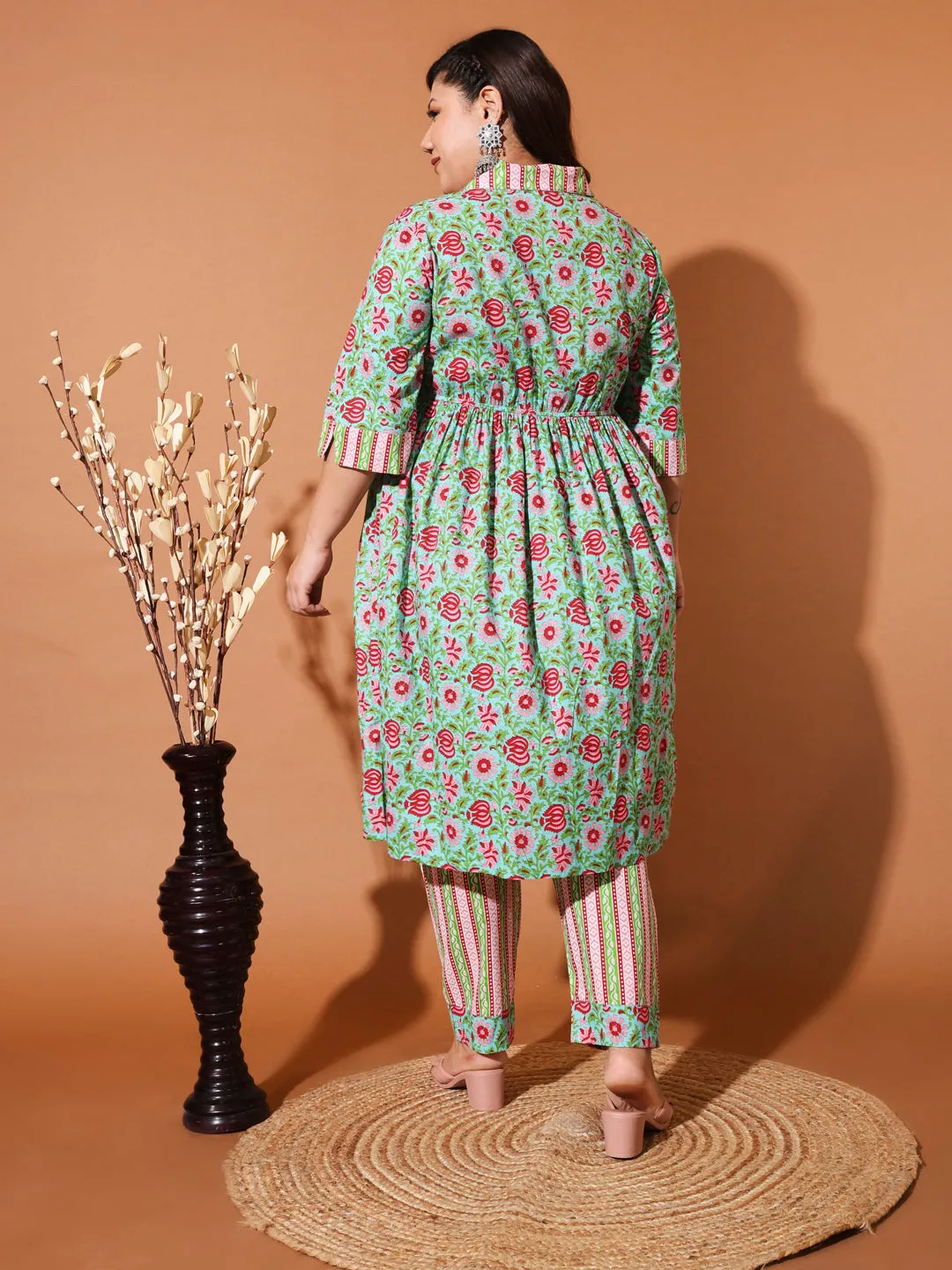 DEY - GREEN FLORAL PRINTED KURTA PLUS CO-ORDS SET