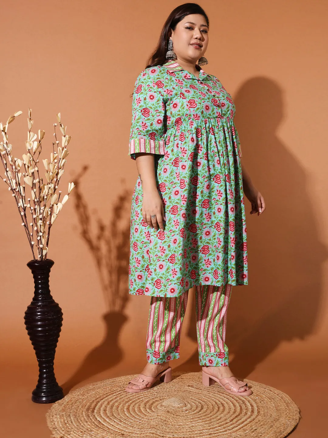 DEY - GREEN FLORAL PRINTED KURTA PLUS CO-ORDS SET