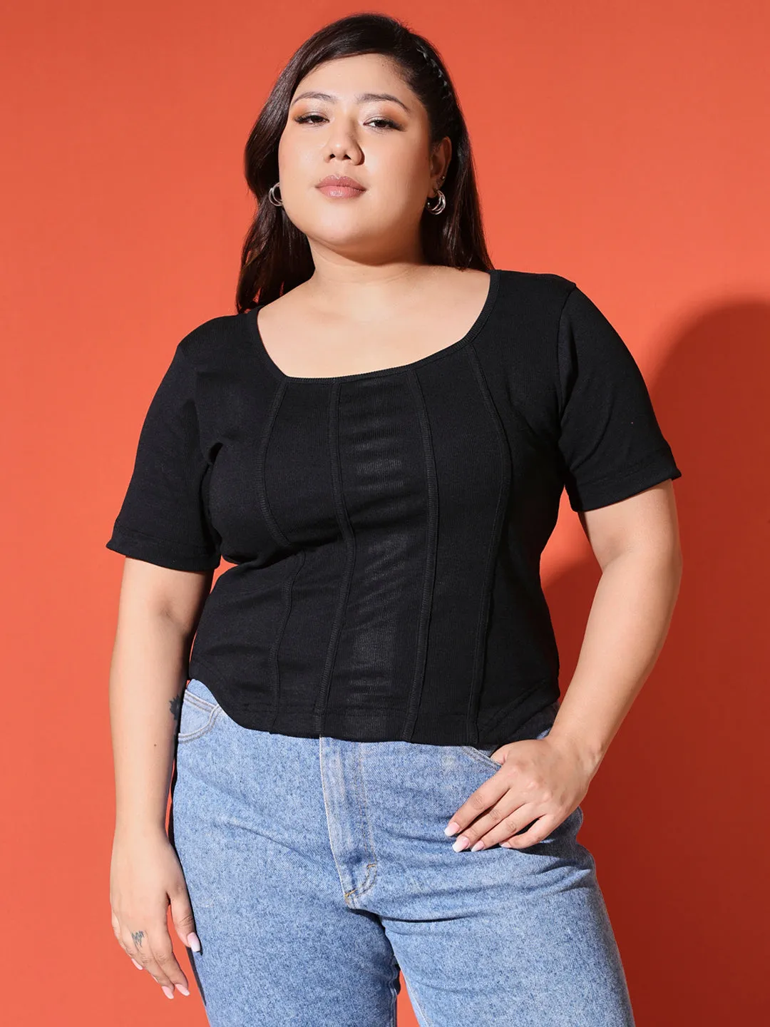 DIANA - BLACK CORSET SHORT SLEEVE PLUS TOP