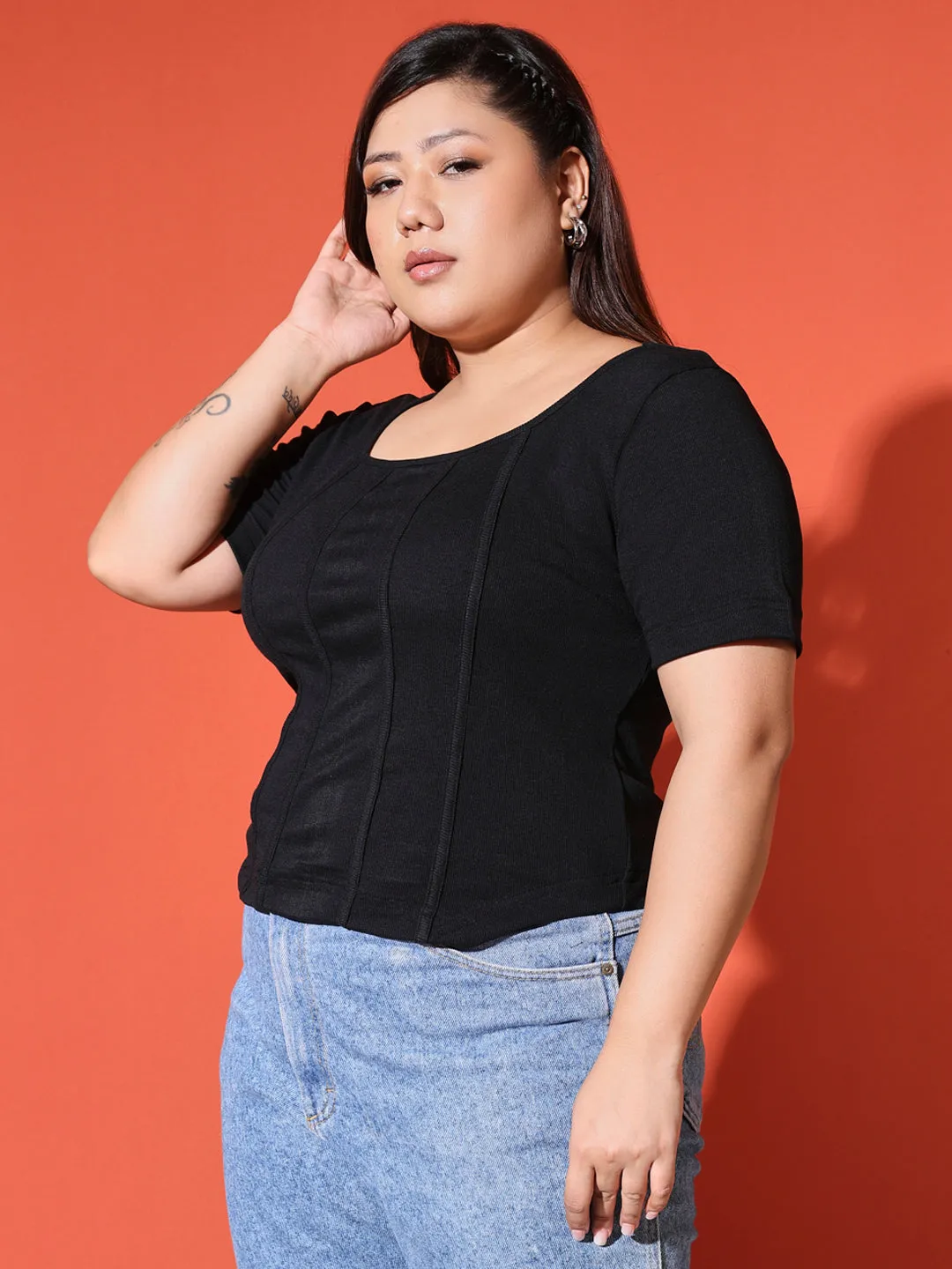 DIANA - BLACK CORSET SHORT SLEEVE PLUS TOP