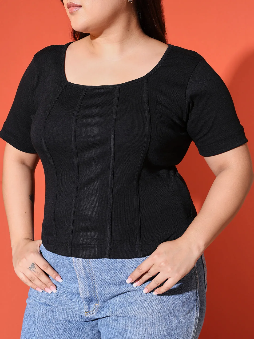 DIANA - BLACK CORSET SHORT SLEEVE PLUS TOP