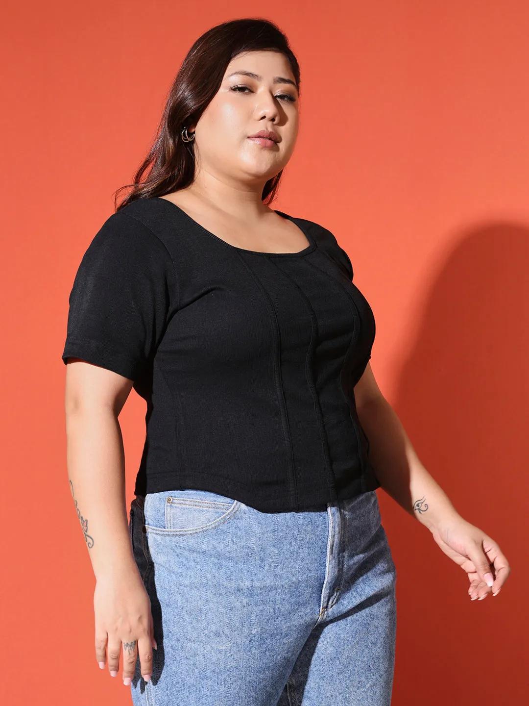 DIANA - BLACK CORSET SHORT SLEEVE PLUS TOP