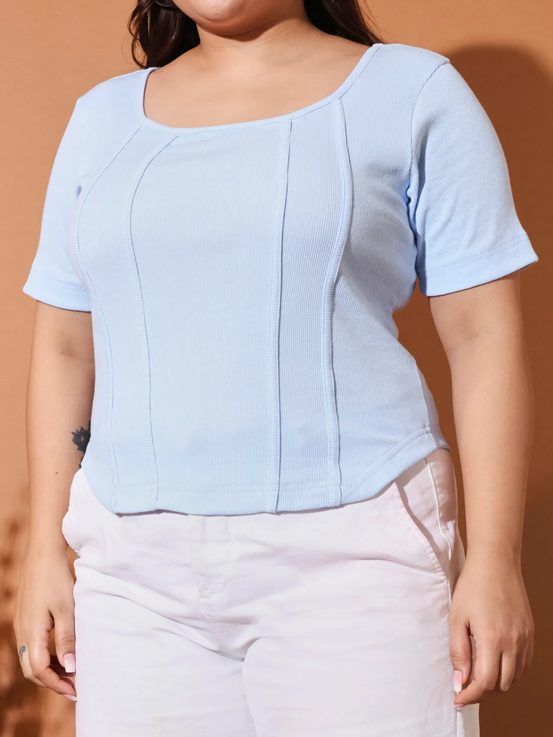 DIANA - BLUE CORSET SHORT SLEEVE PLUS TOP