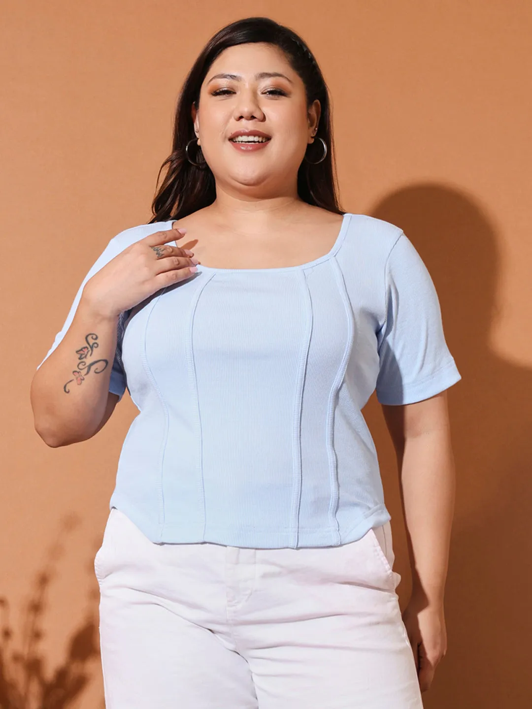 DIANA - BLUE CORSET SHORT SLEEVE PLUS TOP