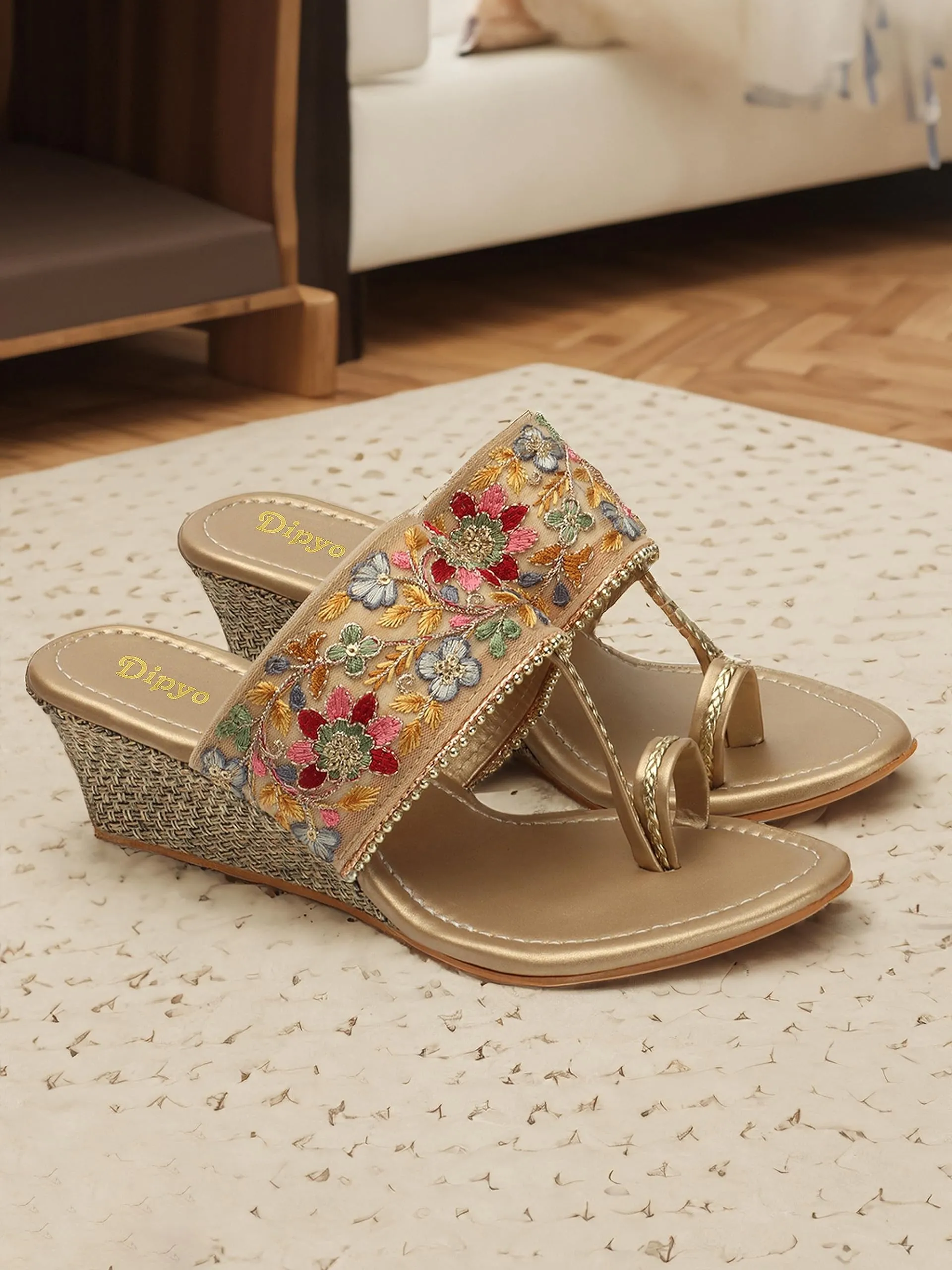 DIPYO Fancy Wedding Embroidery Wedges Heel Sandal For Women & Girls | (Golden, 40)