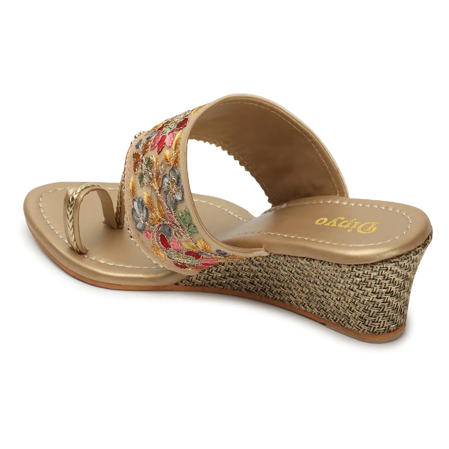 DIPYO Fancy Wedding Embroidery Wedges Heel Sandal For Women & Girls | (Golden, 40)