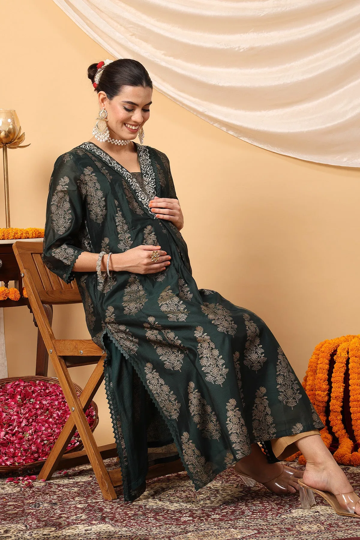 Emerald Green Foil Charm Festive Maternity Feeding Suit Set