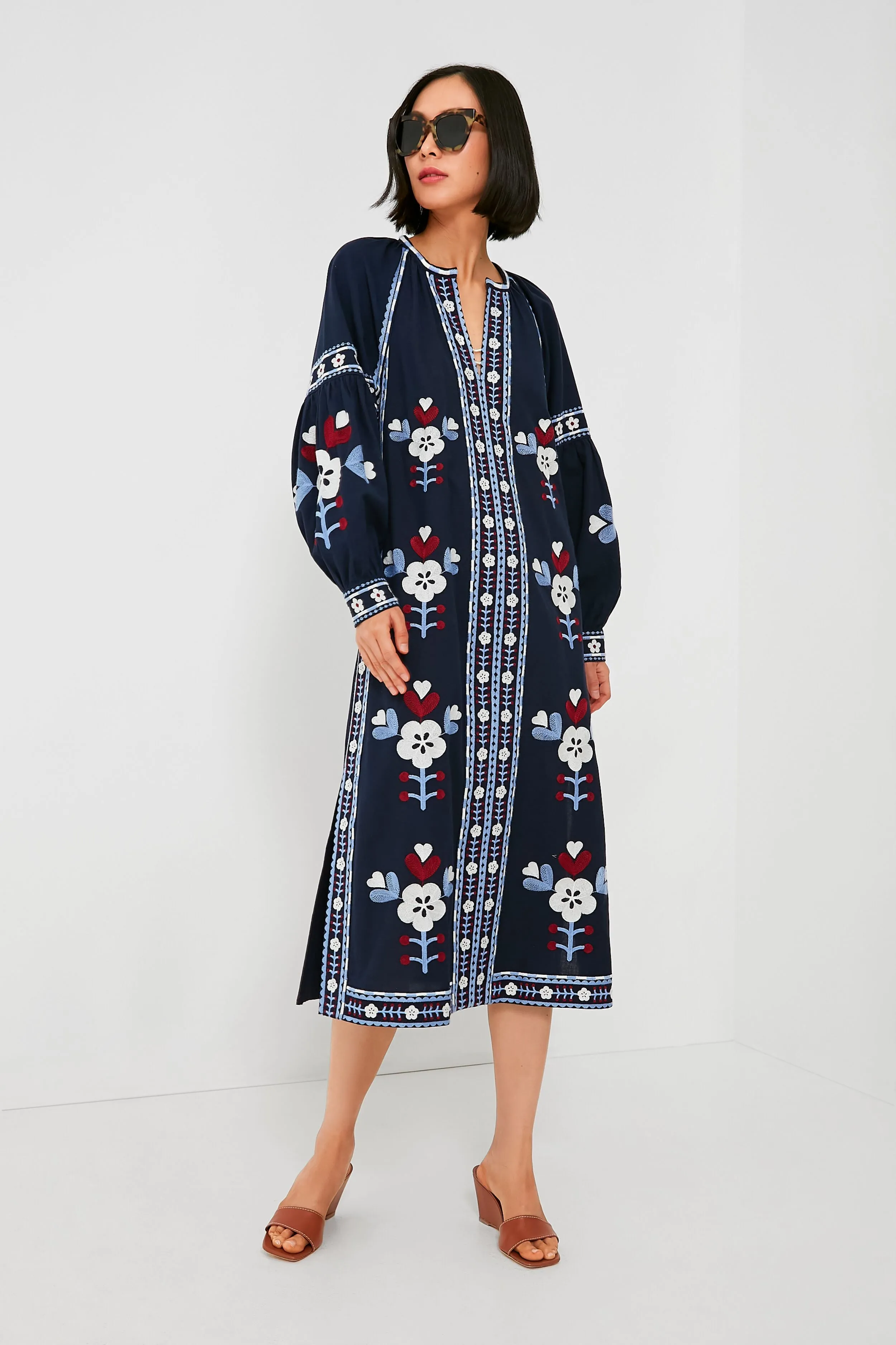 Exclusive Navy Shaina Embroidery Long Sleeve Dress